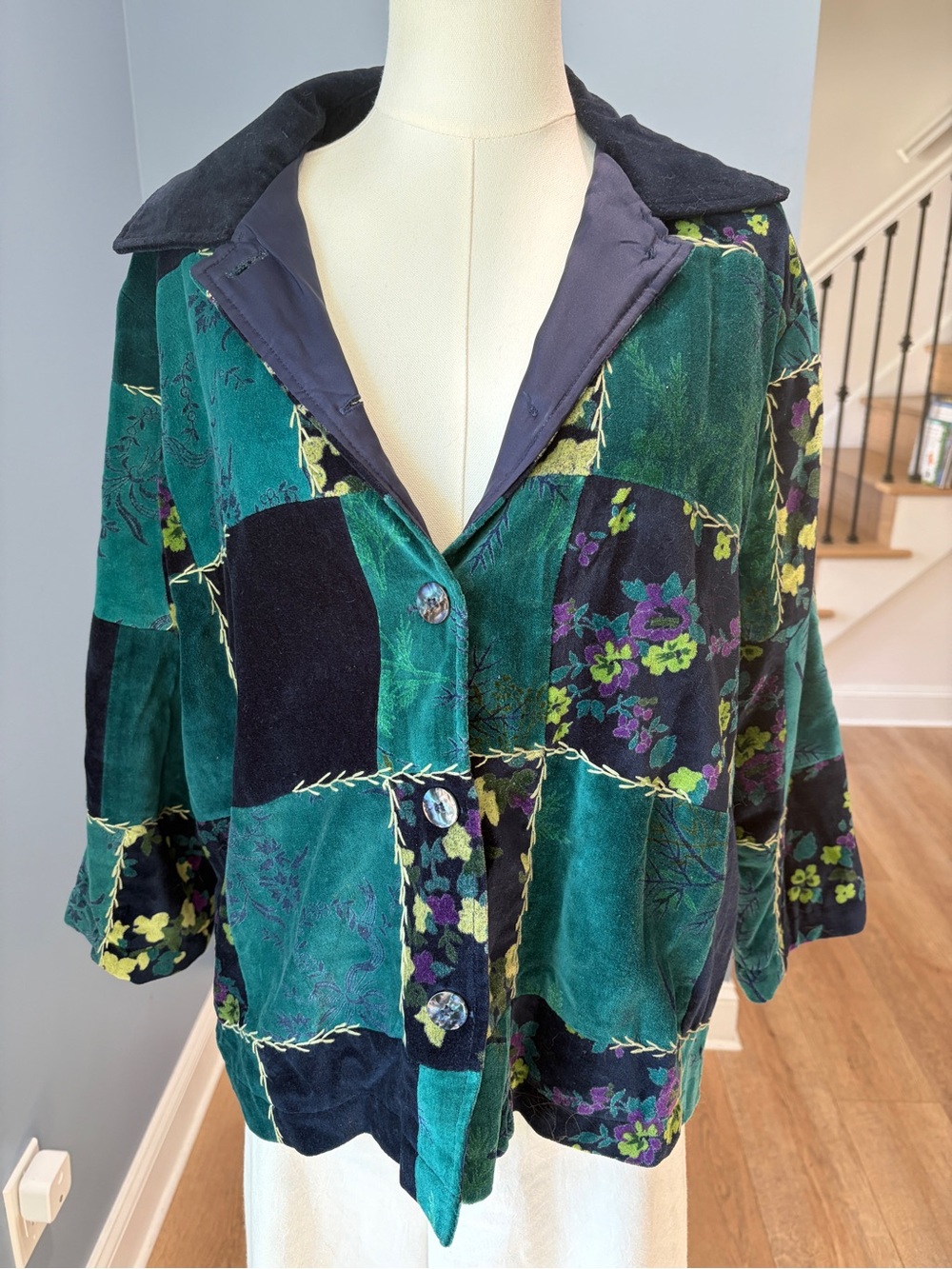 Coldwater Creek Velvet Patchwork Floral Jacket Green Navy Boho PM
